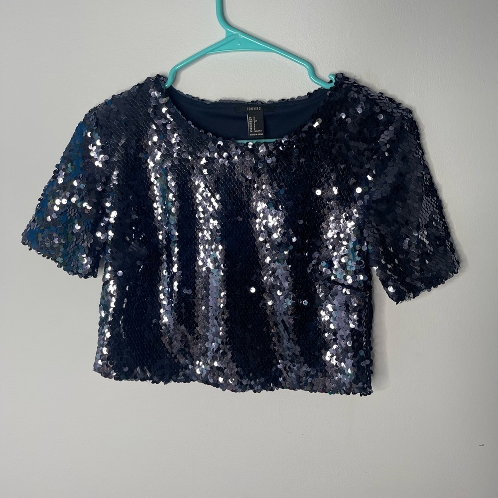 Forever 21 Dark Navy Sequin Cropped Short Sleeve Top